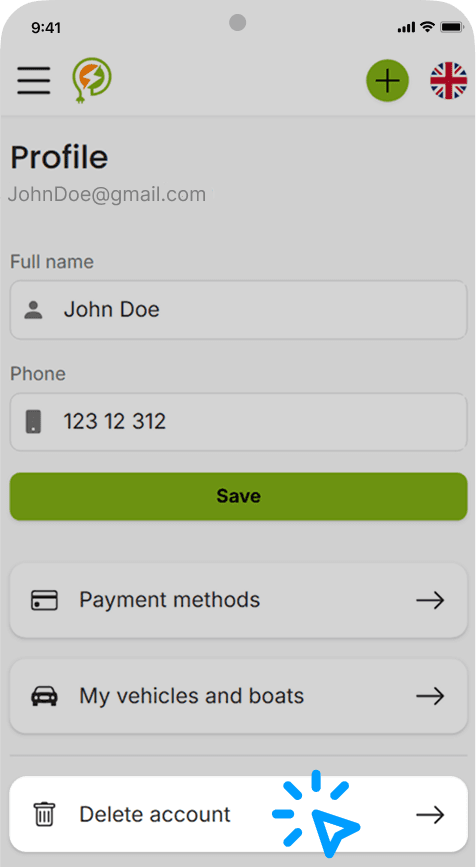 La pantalla de Perfil en la app de PowerPay que muestra el botón «Eliminar cuenta»